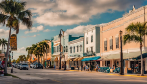 Scenic view of downtown Fort Pierce, Florida, with colorful historic buildings, palm trees, parked cars, and pedestrians under a partly cloudy sky.