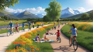 A picturesque bike path in Greeley, Colorado, with families enjoying outdoor activities against a backdrop of vibrant flowers and scenic mountains, highlighting the city's thriving community and infrastructure.