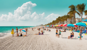 Hallandale Beach, Florida, showcasing a lively beach scene with people enjoying the sun, colorful umbrellas, and turquoise waters.