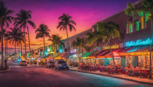 Vibrant downtown Hallandale Beach, Florida, at sunset with colorful neon signs, palm trees, and bustling outdoor dining.