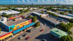 A vibrant aerial view of downtown Hialeah, Florida, featuring colorful murals, shopping centers, palm trees, and busy streets with cars under a sunny sky.