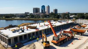 Active construction site in Jacksonville, Florida, showcasing workers and heavy machinery near a waterfront with a city skyline in the background.