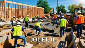 Construction workers in Joliet, Illinois pouring concrete and assembling wooden frames for a commercial building under clear skies.