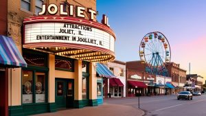 Historic Joliet, Illinois theater with marquee lights displaying local attractions, entertainment options, and a Ferris wheel in the background on a vibrant street.