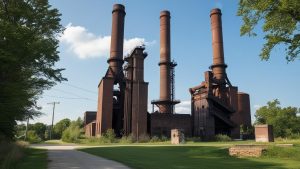 Industrial heritage site in Joliet, Illinois featuring tall red-brick smokestacks surrounded by greenery under a bright blue sky.