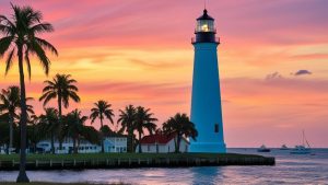 Picturesque lighthouse in Jupiter, Florida, surrounded by palm trees and bathed in vibrant sunset hues over the water.