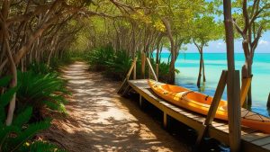 Scenic mangrove pathway with a docked yellow kayak along turquoise waters in Jupiter, Florida, offering a serene nature view.