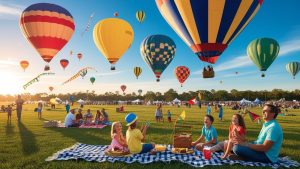 Families enjoying a hot air balloon festival in Kissimmee, Florida, with colorful balloons floating in the sky and a picnic scene in the foreground.
