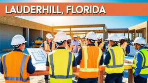 Construction team in Lauderhill, FL, wearing safety vests and hard hats, collaborating over project plans at a building site.