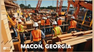 Construction workers at an active building site in Macon, Georgia, with cranes and heavy equipment in the background.