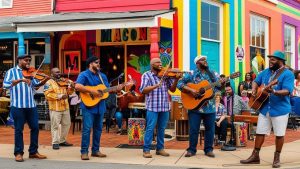 Street musicians performing in vibrant downtown Macon, Georgia, with colorful storefronts in the background.