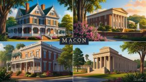 Collage of historic landmarks and architecture in Macon, Georgia, showcasing preserved Victorian-style homes and public buildings.