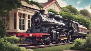 Historic steam locomotive displayed in a garden setting in Margate, Florida, showcasing vintage charm and surrounded by lush greenery