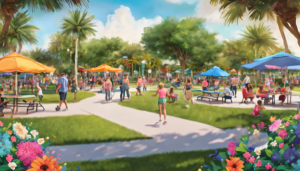 Community park in Margate, Florida, featuring families enjoying picnic areas, walking paths, and vibrant flowers under a sunny, blue sky.