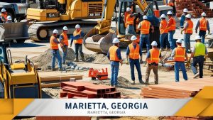 Construction crew in safety vests and helmets working on-site in Marietta, Georgia, featuring heavy machinery and materials in the background.