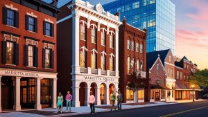 Historic buildings in Marietta Square, Georgia, with a modern glass structure in the background, showcasing the blend of old and new architecture.