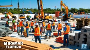 Construction crew in Miramar, Florida collaborating on a project site with cranes, excavators, and building materials under a bright blue sky.