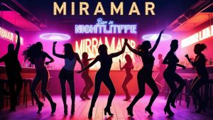 Vibrant nightlife in Miramar, Florida with silhouettes of people dancing in a neon-lit bar featuring glowing signs and a lively atmosphere.