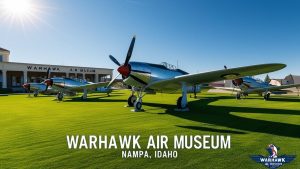 Exterior view of the Warhawk Air Museum in Nampa, Idaho, showcasing vintage aircraft displayed on a lush green lawn under a bright, sunny sky.
