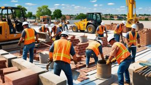 A team of construction workers in safety gear laying bricks and coordinating activities on a rooftop project in Naperville, Illinois.