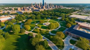 A vibrant aerial view of Naperville, Illinois, showcasing the city skyline surrounded by lush greenery, public parks, and urban landscapes.