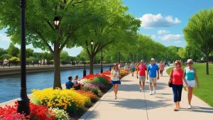 A scenic view of the Naperville Riverwalk featuring colorful flower beds, tree-lined pathways, and people enjoying the sunny day.