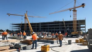 Busy construction area in North Lauderdale, Florida, showing workers and cranes assembling a large multi-story building under clear skies.