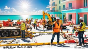 Construction workers building a vibrant beachfront property in North Miami Beach, Florida, with the turquoise ocean in the background.