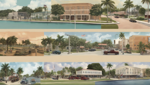 Vintage depiction of North Lauderdale, Florida, showcasing historical architecture, tree-lined streets, and serene waterways in a classic artistic style.