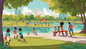 Modern park scene in North Lauderdale, Florida, featuring families enjoying outdoor activities near a vibrant lake and urban skyline in the background.