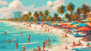 Scenic view of a lively North Miami Beach, Florida, with colorful umbrellas, beachgoers, and palm trees lining the coastline.