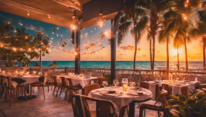 Scenic outdoor dining area at sunset in North Miami Beach, featuring string lights, ocean views, and a cozy atmosphere perfect for relaxation and fine dining.