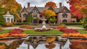 Beautiful mansion surrounded by autumn foliage in Norwich, Connecticut, with a garden fountain and vibrant fall colors, highlighting the area's architectural elegance and seasonal charm.