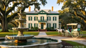 A historic Southern-style mansion with a fountain and horse-drawn carriage on its grounds in Ocala, Florida, framed by sprawling oak trees and manicured lawns.