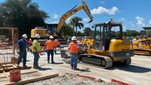 Construction workers in safety gear collaborating at an active job site in Ocala, Florida, surrounded by excavators, compactors, and other heavy machinery.