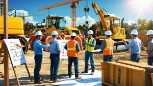 Contractors and engineers discussing project blueprints at a construction site in Ocala, Florida, with cranes, excavators, and earthmovers in the background under a sunny sky.