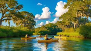 A group of people kayaking on a calm river surrounded by lush greenery and Spanish moss-draped trees in Ocala, Florida, on a sunny day.