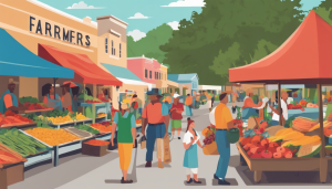 Vibrant farmers' market in Ocoee, Florida, bustling with vendors, fresh produce, and community members enjoying a sunny day outdoors.