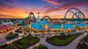 Vibrant theme park in Orlando, Florida, with colorful roller coasters, tropical landscaping, and a stunning sunset in the background.