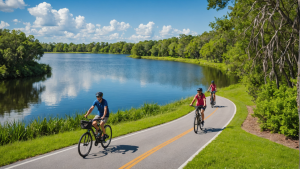 Scenic biking trail in Orlando, Florida, with cyclists enjoying a sunny day near a tranquil lake surrounded by lush greenery.