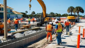 Construction team working on a residential project in Ormond Beach, Florida, with palm trees and houses in the background.