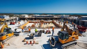 Construction workers and heavy equipment at a beachfront construction site in Ormond Beach, Florida, showcasing development near the coastline.