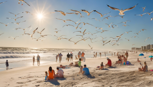 People enjoying a sunny day at the beach in Ormond Beach, Florida, with seagulls flying overhead and the ocean in the background.