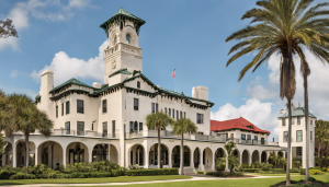 Iconic historic building with a white facade and green roof surrounded by palm trees in Ormond Beach, Florida.