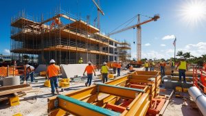 Active construction site in Panama City, Florida, with workers, scaffolding, and cranes against a sunny backdrop.