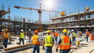 A bustling construction site in Peoria, Illinois, showcasing workers in safety vests and helmets, cranes, and scaffolding under bright sunlight.