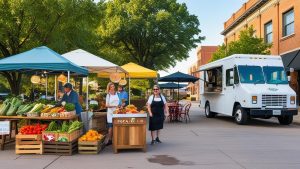 A vibrant farmers' market in Peoria, Illinois, featuring fresh vegetables, fruits, and local vendors under tents with a food truck parked nearby.