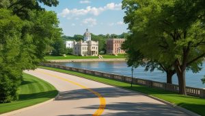 A picturesque riverside road in Peoria, Illinois, lined with trees and historic buildings overlooking a tranquil river under a sunny sky.