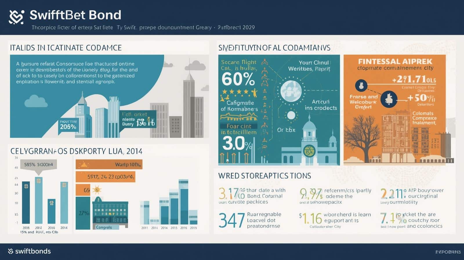 Infographic showing economic indicators, bond statistics, and city performance data with illustrated cityscape elements.