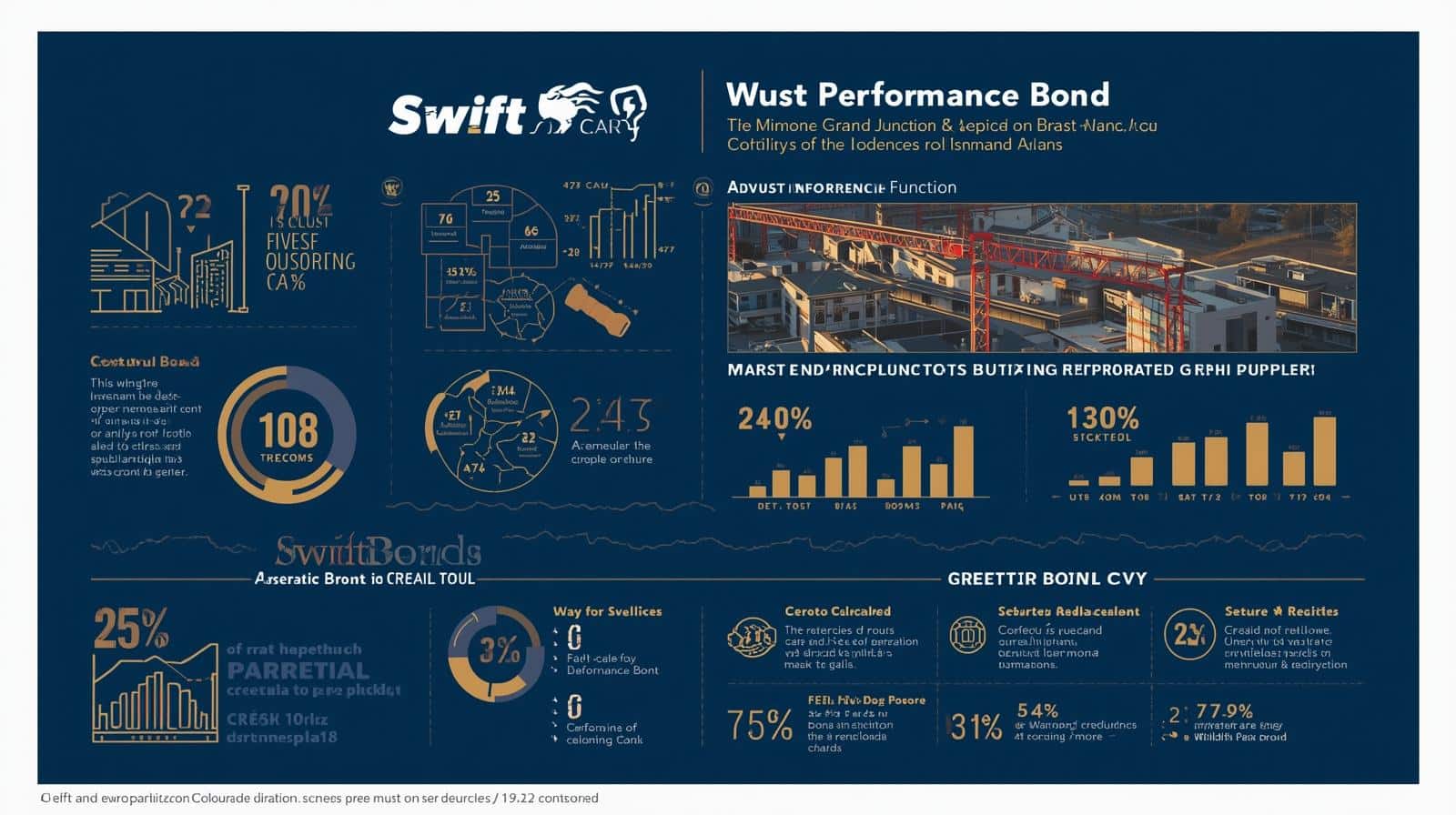 Dark blue infographic highlighting Swift Performance Bond data for Grand Junction, including bar graphs, construction imagery, and percentage metrics.